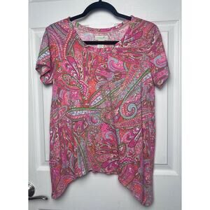 Caribbean Joe Women's Pink Paisley Crew Neck Short Sleeve T-Shirt Size Medium